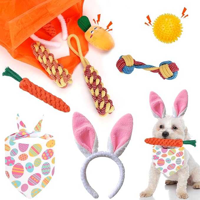 BABORUI 9PCS Easter Dog Toys Set - Interactive Dog Chew Rope Toys & Squeaky Dogs Toys & Dogs Easter Outfit, Dog Easter Toys Gift for Puppy/Small/Medium/Large