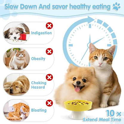 Raised Slow Feeder Cat Bowl, Ceramic Elevated Cats Food Bowl Small Cats Slow Feeder, Cute Cat Dish for Anti Vomiting for Dry and Wet Food (Yellow, 6 Inch)