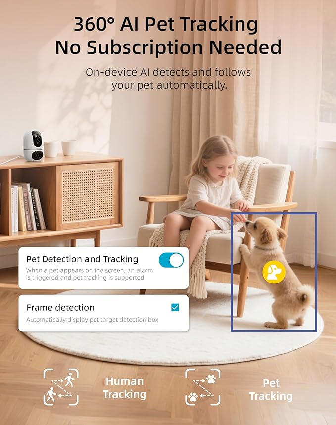 VIRTAVO AI Pet Camera Indoor with Phone App for Dog, Cat & Puppy, 360° Dual-Lens with Auto Tracking & Pet Calling, No Subscription, Wi-Fi 6 (5GHz/2.4GHz), Apple Watch & Alexa Compatible