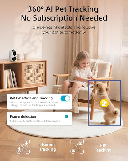 VIRTAVO AI Pet Camera Indoor with Phone App for Dog, Cat & Puppy, 360° Dual-Lens with Auto Tracking & Pet Calling, No Subscription, Wi-Fi 6 (5GHz/2.4GHz), Apple Watch & Alexa Compatible