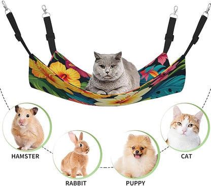 Hawaiian Colorful Flower Print Cat Hammock with Adjustable Straps, Pet Cage Hanging Bed for Cats,Ferret,Puppy,Small Animals