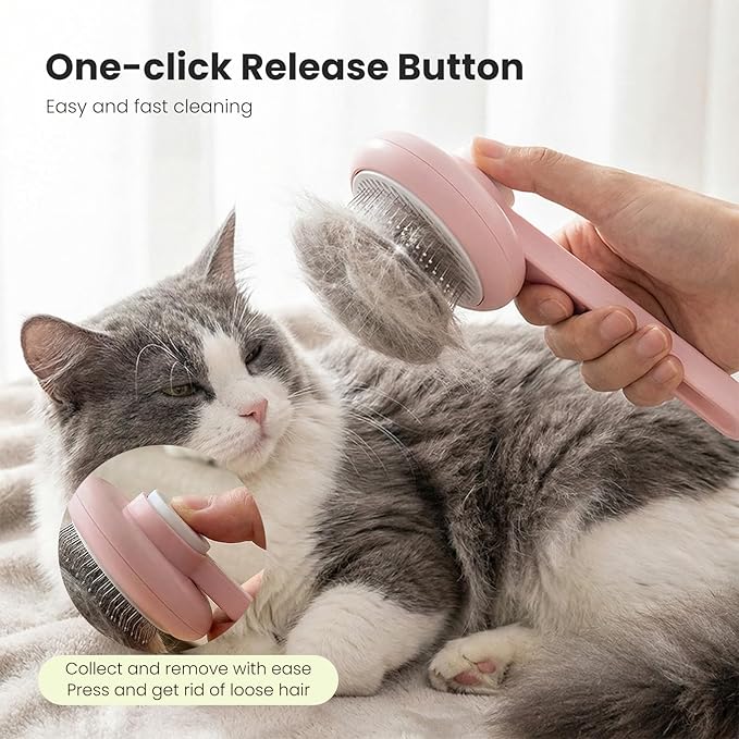 Pet Self-Cleaning Slicker Brush for Dogs & Cats, Deshedding Comb, Removes Loose Hair & Mats, Skin-Friendly Tool for Long/Short Fur, All Breeds (Pink)