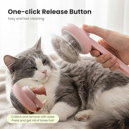 Pet Self-Cleaning Slicker Brush for Dogs & Cats, Deshedding Comb, Removes Loose Hair & Mats, Skin-Friendly Tool for Long/Short Fur, All Breeds (Pink)