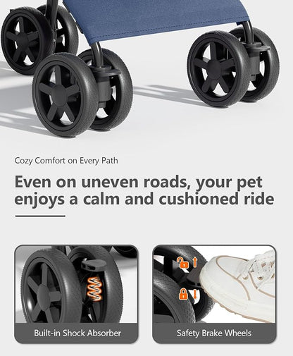 Pet Stroller with 4 Wheels for Small/Medium Pets, Portable Travel Foldable Carrier Jogger for Dog Cat Puppy Kitty, Rear Wheel Breaks, Storage Basket, Visible Mesh Weather Cover (Navy Blue)