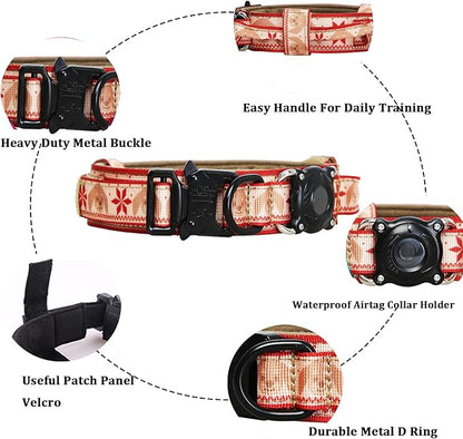 Christmas Tactical Dog Collar with Airtag Holder Waterproof Dog Airtag Collar with Control Handle Adjustable Heavy Duty Dog Collars(Christmas Red，M