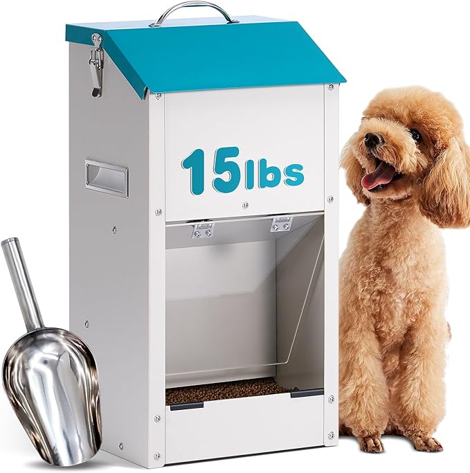 Galvanized Gravity Automatic Dog Feeder with A Stainless Steel Feed Shovel,15 Lbs Indoor and Outdoor Pet Feeder for Small and Medium Sized Dogs (15 lbs)