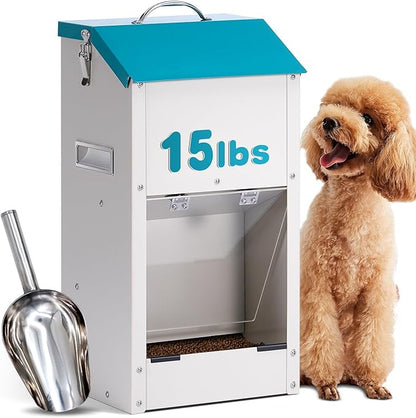 Galvanized Gravity Automatic Dog Feeder with A Stainless Steel Feed Shovel,15 Lbs Indoor and Outdoor Pet Feeder for Small and Medium Sized Dogs (15 lbs)
