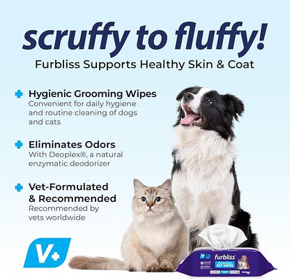 Vetnique Furbliss Hygienic Dog Grooming Wipes Cleansing Grooming & Deodorizing Hypoallergenic Pet Wipes with Natural Deodorizer 100ct (Refreshing Scent)