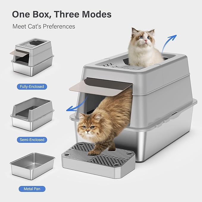 Stainless Steel Litter Box with Lid, XL Extra Large Enclosed Cat Litter Box Fits All Cats Modular Design with Flip Cover, Top Entry Metal High Sided Cat Box & Pedal & Scoop (Grey)