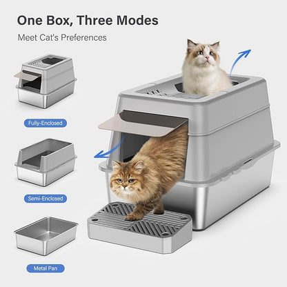 Stainless Steel Litter Box with Lid, XL Extra Large Enclosed Cat Litter Box Fits All Cats Modular Design with Flip Cover, Top Entry Metal High Sided Cat Box & Pedal & Scoop (Grey)