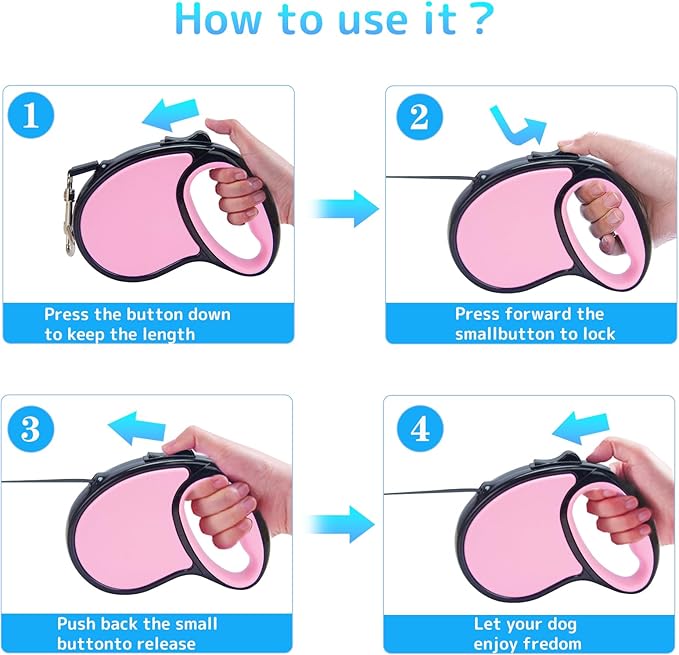 Retractable Dog Leash,16 Ft Dog Retractable Leash,with Anti Slip Handle,Strong Nylon Tape No Tangle,One Handed Brake,Pause,Lock,Suitable for Small and Medium Sized Dogs（Pink）