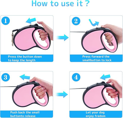 Retractable Dog Leash,16 Ft Dog Retractable Leash,with Anti Slip Handle,Strong Nylon Tape No Tangle,One Handed Brake,Pause,Lock,Suitable for Small and Medium Sized Dogs（Pink）