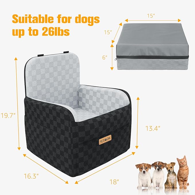 PETICON Waterproof Dog Car Seat for Small Medium Dogs, 6in Memory Foam Pet Booster Seat for Dogs up to 26 lbs with Pockets, Detachable Washable Pet Carseat with Y-Shape Safety Belt