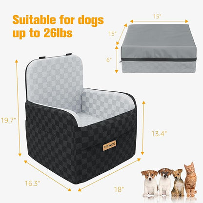 PETICON Waterproof Dog Car Seat for Small Medium Dogs, 6in Memory Foam Pet Booster Seat for Dogs up to 26 lbs with Pockets, Detachable Washable Pet Carseat with Y-Shape Safety Belt