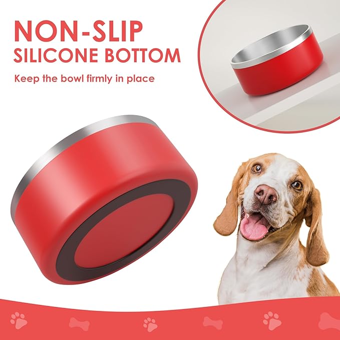 IKITCHEN Dog Bowl for Food and Water, 64 Oz Stainless Steel Pet Feeding Bowl, Durable Non-Skid Double Wall Insulated Heavy Duty with Rubber Bottom for Medium Large Dogs (64 Ounces/8 Cup, Red)