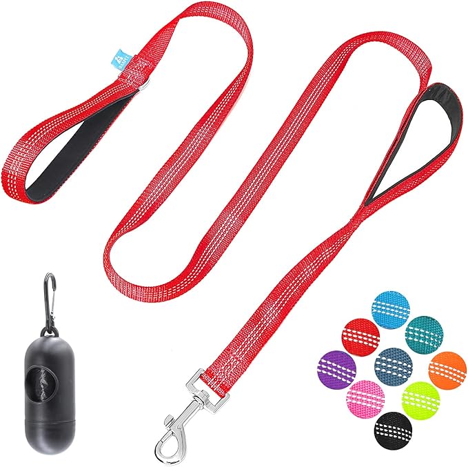 BAAPET Two Handle Dog Leash, Dual Soft Padded Handles with Traffic Control Handle Leash for Small Medium or Large Dogs (1.0'' x 5 FT, Red)