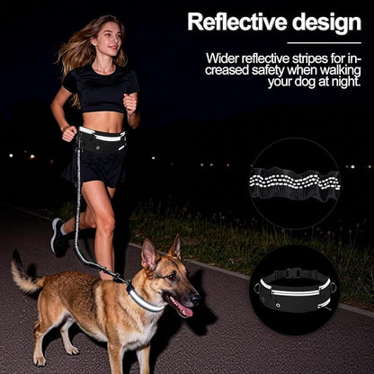 Hands Free Dog Leash with Zipper Pouch, Waist Leash for Dog Walking and Running, Dual Padded Handles, Shock-Absorbing Bungee for Medium to Large Dogs