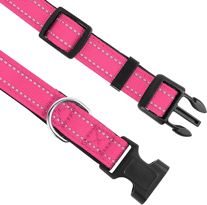 Reflective Dog Collar, Adjustable Soft Neoprene Padded Nylon Pet Collars with Buckle for Medium Dogs, Hotpink,M