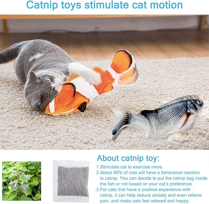 Tocirelo Interactive Cat Toys Flopping Fish with Catnip, Moving Cat Toys for Indoor Cats 2Pack, 11" Electric Automatic Kitten Kicker Exercise Toy, Wiggle SilverVine Floppy Fish for Small Dogs, Kitten