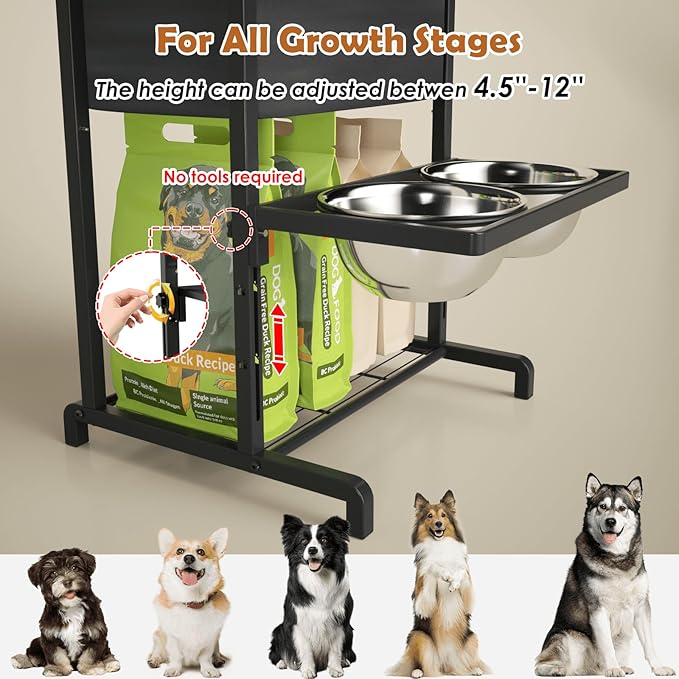Elevated Dog Bowls: Height Adjustable Raised Dog Stand (4.5'' to 12'') 2 * 1700ml Stainless Steel Bowls + Slow Feeder, Feeding Station w/Storage Organizer & Toy Basket for Medium/Large Breeds