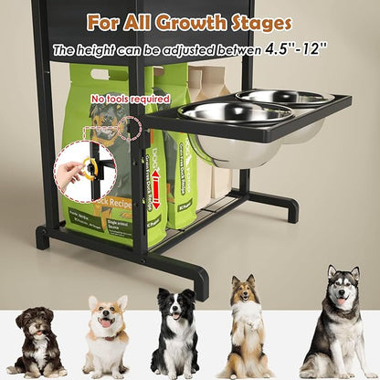 Elevated Dog Bowls: Height Adjustable Raised Dog Stand (4.5'' to 12'') 2 * 1700ml Stainless Steel Bowls + Slow Feeder, Feeding Station w/Storage Organizer & Toy Basket for Medium/Large Breeds