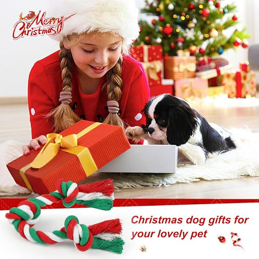 SZEE Dog Rope Toy, 14 in 3 Knots Christmas Dog Chew Toys for Medium and Small Dogs, Pull Toy for Tug of War and Teeth Cleaning (Red & Green)
