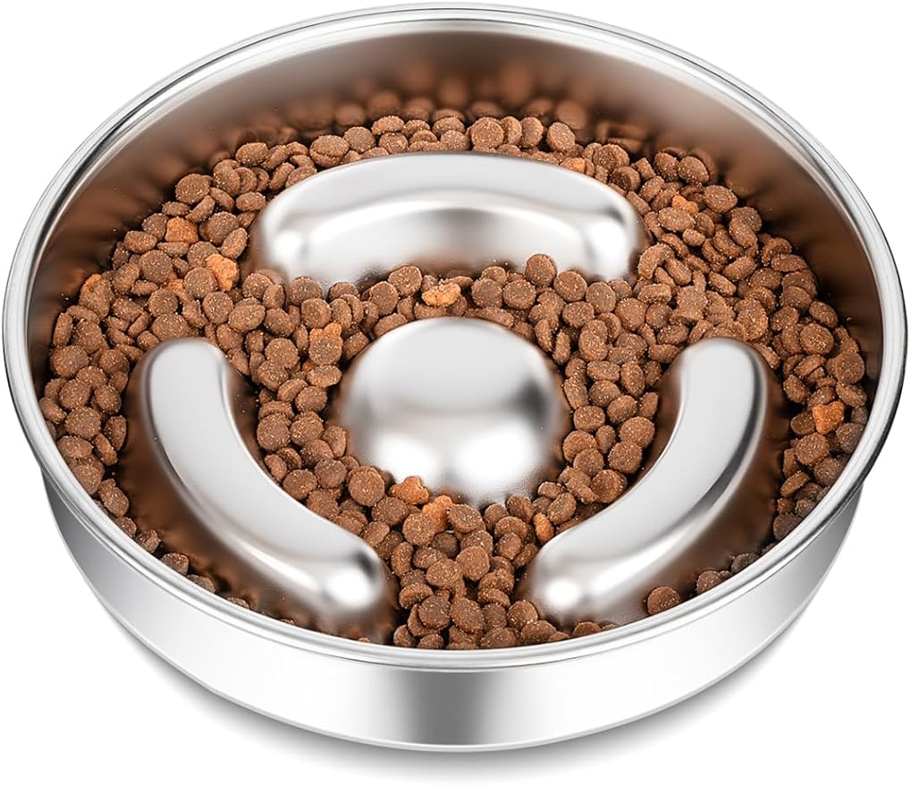 Slow Feeder Dog Bowl Stainless Steel，8-inch Diameter Dog Slow Feeder Bowl，Heavy Duty with Non-Slip Rubber Base，2Cups Capacity for Medium & Large Dog.Thick and Heavy Edition