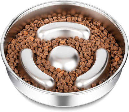 Slow Feeder Dog Bowl Stainless Steel，8-inch Diameter Dog Slow Feeder Bowl，Heavy Duty with Non-Slip Rubber Base，2Cups Capacity for Medium & Large Dog.Thick and Heavy Edition
