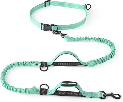 Mile High Life Hands Free Leash, Waist Leash for Dog Running Training and Jogging, Adjustable Belt with Double Padded Handle, Reflective Bungee for Medium Large Dogs (Teal, 7FT)