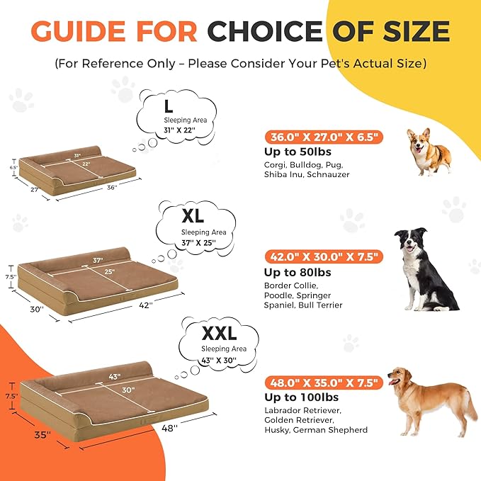 Dog Bed Large Sized Dogs, XXL Orthopedic Dog Bed for Large Dogs, Waterproof Pet Bed with Washable Removable Cover, L-Shaped Pet Couch with Portable Handle 48"x35"x7.5", Camel