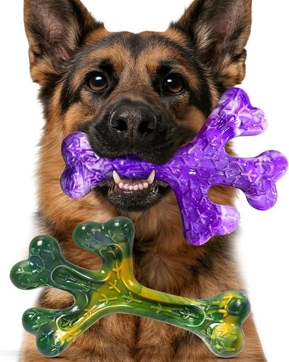 Indestructible Tough Dog Toys for Aggressive Chewers - 2 Pack Beef and Bacon Flavored Chew Bone for Large Dogs 20-90 lbs, Long Lasting & Keep Them Busy (XL Cactus) Dark Purple & Dark Green