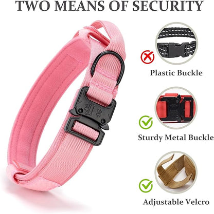 Tactical Dog Collar, Adjustable Military Training Nylon Dog Collar with Control Handle and Heavy Quick-Release Metal Buckle for Small Medium Large Dogs, Light Pink XXL