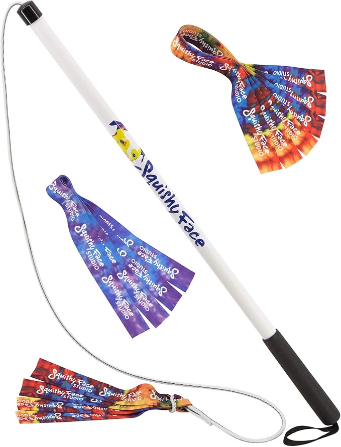 Squishy Face Studio Flirt Pole V2 Dog Exercise Toy Bundle with 2 Lures and 1 Tug, 36-inch, Rainbow, Purple/Blue Tie Dye