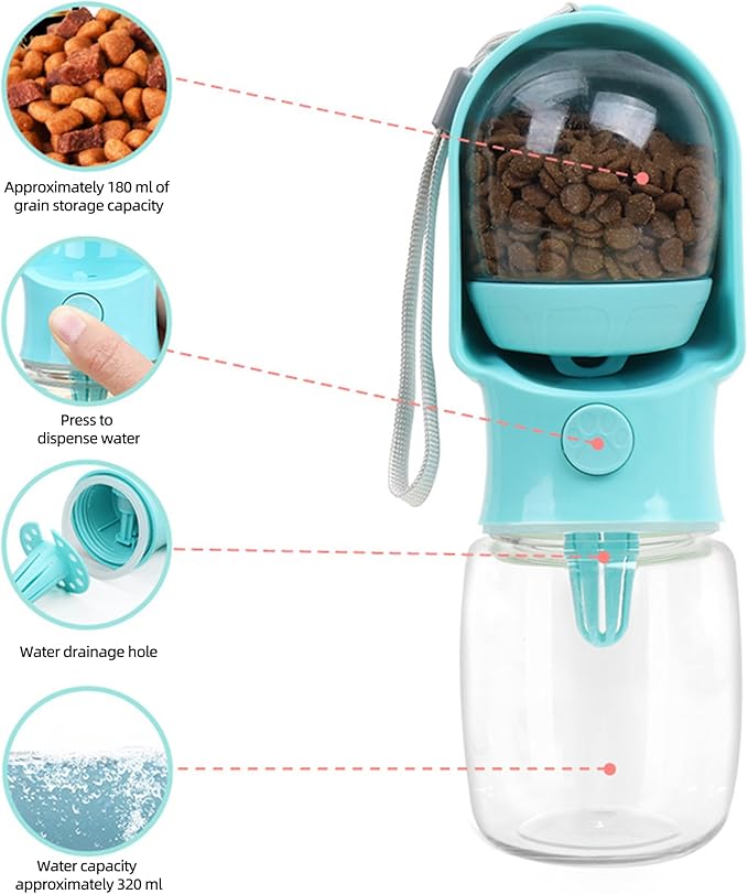 Dog Water Bottle with Food Container, Portable Pet Dispenser with Lock and Cleaning Brush,Dogs Stuff Water Bottle for Hiking,Travel (Blue)