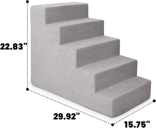MEWANG 22.83''H Dog Stairs for Small & Medium Dogs and Old Cats – 5 Steps High-Density Foam Pet Ramp for Bed & Couch, Non-Slip, Washable Cover, Grey (Square Corner, 29.92''L×15.75''W×22.83''H)