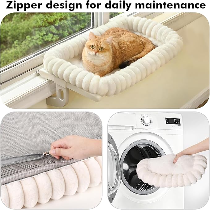Cloud-Cuddle Cat Window Perch with 4-Sided Bolster, Zipper Design Cushion Window Seat for Window Sill, Sturdy Metal Frame & Easy Assembly Pet Hammock Bed for Indoor Cats (White, Medium)
