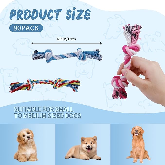 90PCS Dog Rope Toys, Cotton Rope Toy, Multi-Color Ropes Toys for Dogs, Dog Accessories for Small and Medium Dogs, Puppy Essentials (Blue)