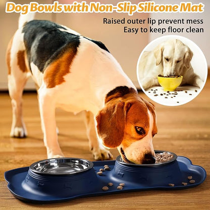 Hubulk Pet Dog Bowls 2 Stainless Steel Dog Bowl with No Spill Non-Skid Silicone Mat + Pet Food Scoop Water and Food Feeder Bowls for Feeding Small Medium Large Dogs Cats Puppies (Medium, Navy Blue)