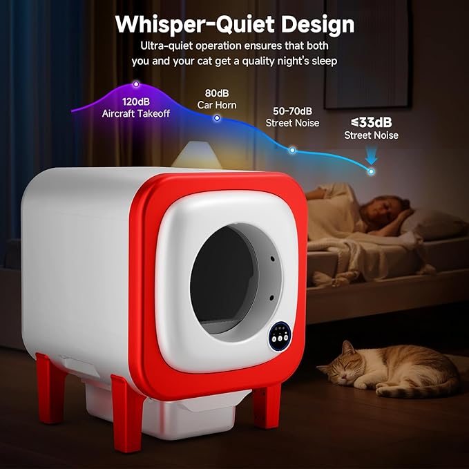 Self Cleaning Litter Box, Extra Large Automatic Cat Litter Box Self Cleaning for Multiple Cats, App Control, Safety Protection, Ultra-Quiet,Includes Trash Bags,Red