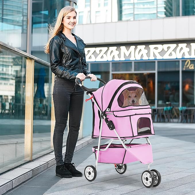 BestPet 3 Wheels Pet Dog Stroller Cat Cage Jogger Stroller Cats Travel Folding Carrier Waterproof with Cup Holder & Removable Liner,Pink