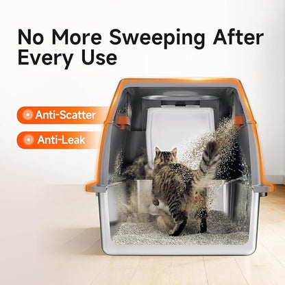 Extra Large Stainless Steel Litter Box with Lid, High Sided Enclosed Metal Cat Litter Pan, Dog Proof Front Entry Top Exit, Odor Control Easy Clean Leak Proof, Includes Mat, Scoop & Step, Grey