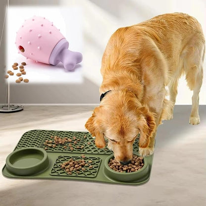 Cat Dog Slow Feeder Set Textured Slow Lick Mat & Drumstick Puzzle Toy Food Grade Silicone Easy to Clean Anti-Slip Base Pet Accessories (Mat+Toy-2 2pcs)