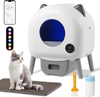 Self Cleaning Litter Box, Automatic Cat Litter Box, Self Cleaning for Cats, 76L Large Capacity for Multiple Cats with App Control Multi Safety Protection, Garbage Bags, Mat, Brush