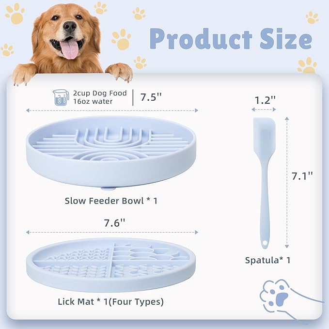 2 in 1 Slow Feeder Dog Bowls with Suction Cups,Silicone Lick Mat for Dogs,DIY Wet or Dry Food,Dishwasher Safe,Blue,Spatula+UU Bowl+Cyclone Lick Pad