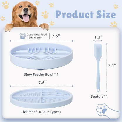 2 in 1 Slow Feeder Dog Bowls with Suction Cups,Silicone Lick Mat for Dogs,DIY Wet or Dry Food,Dishwasher Safe,Blue,Spatula+UU Bowl+Cyclone Lick Pad