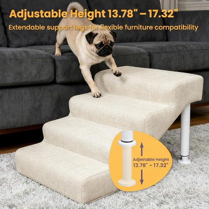 Leather Dog Stairs, 19.7" Extra Wide Dog Steps for Bed & Sofa, Adjustable Height 13.78"-17.32” Pet Ramp for Small to Large Dogs, Holds Up to 150 lbs（4-Step）