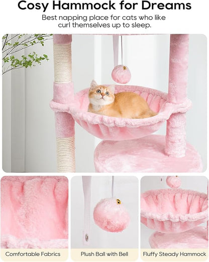 SYANDLVY Small Cat Tree for Indoor Cats, Cat Tower with Scratching Post, Modern Cat House with Padded Perch, Kittens Condo with Cradle, Cat Cave, Pink