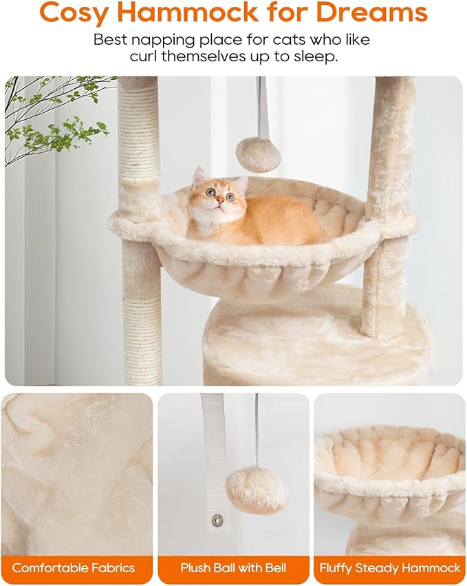 SYANDLVY Small Cat Tree for Indoor Cats, Kittens Condo with Scratching Post and Board, Modern Activity Tower with Cradle, Beige