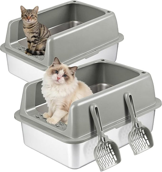 Kirecoo 2 Pack Stainless Steel Litter Box with Lid, Large Enclosed Metal Cat Litter Box Pan High Sided, Easy Clean Anti-Leakage Litterbox Tray for Indoor Big Cats, Kittens or Multicat, Scoop Included