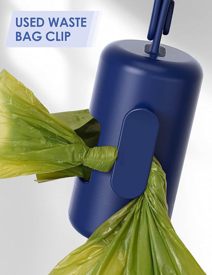 Gobeigo Dog Poop Bag Holder【Convenient Hook for Used Bags】【Silicone Strap Fits Any Leash】【Large Opening for Easy Dispensing】with 1 Roll Waste Bags (Blue)